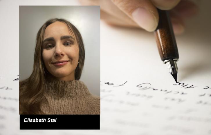 Foto av Elisabeth Stai mot bakgrunnsbilde av en skrivende hånd
