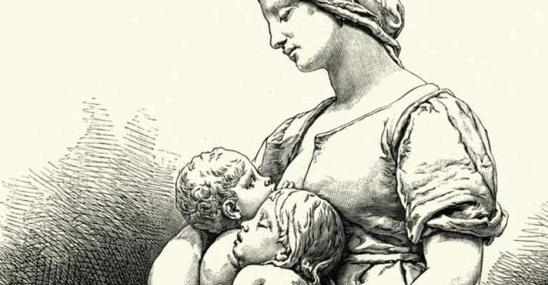 Tegning av en skulptur av en ammende mor med to små barn i fanget