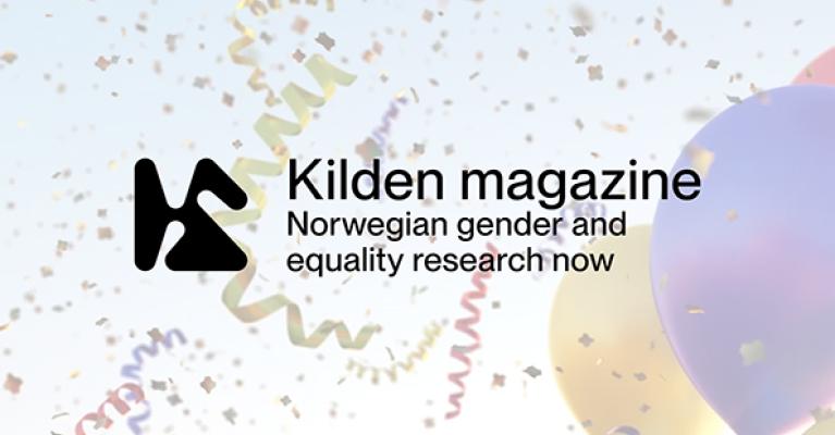 Kilden magazine's logo over a background of confetti and balloons