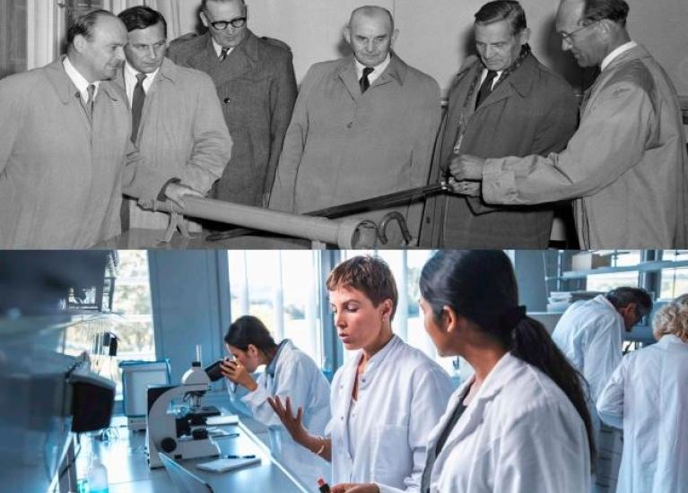 Forside rapport historisk bilde av mannlige professorer NTH og bilde av moderne unge kvinner på kjemilab 