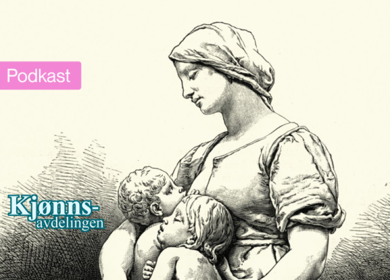 Illustrasjonsfoto podkast Kjønnsavdelingen som viser tegning av historisk bilde av kvinne som ammer lite barn