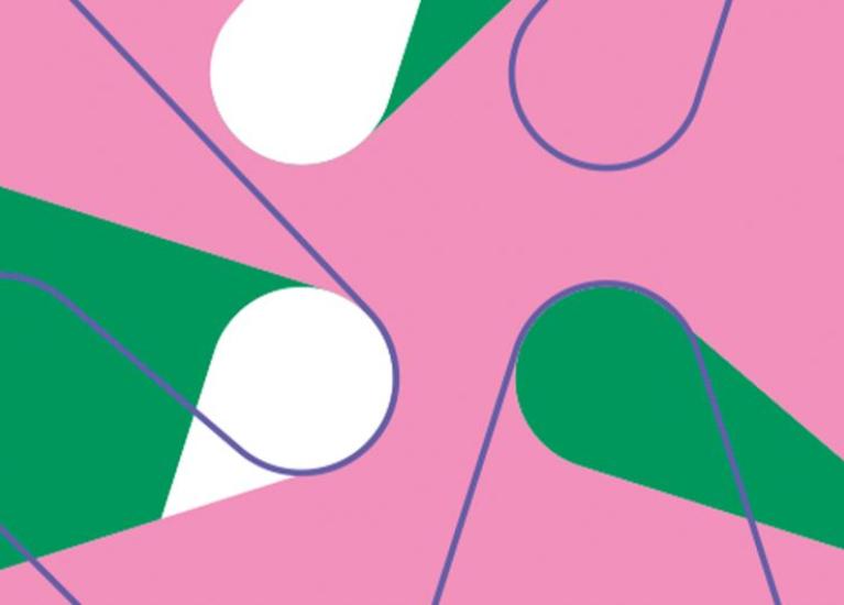 Grafisk illustrasjon av forside Tidsskrift for kjønnsforskning 2-24 rosa hvit og grønn bølgeform
