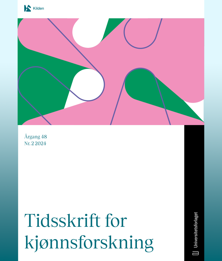 Hel forside Tidsskrift for kjønnsforskning 2-24 med grafisk illustrasjon i rosa, hvitt og grønt i bølgende former