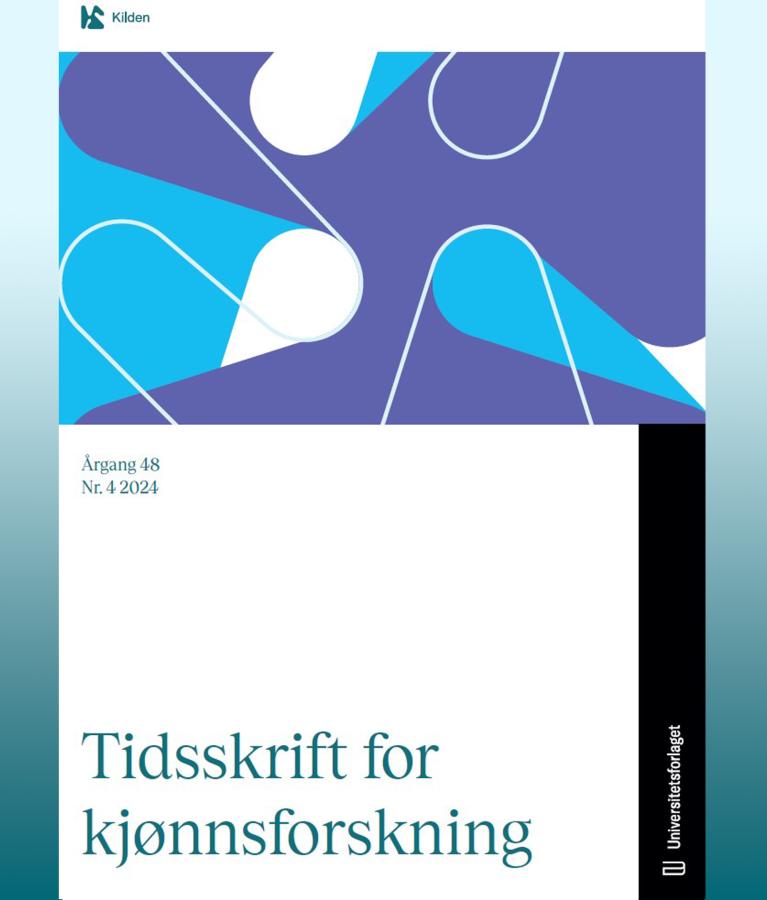Forsiden av Tidsskrift for kjønnsforskning 4-24 med illustrasjon i bølgende former i blått, hvitt og lilla, utsnitt av Kildens K-logo