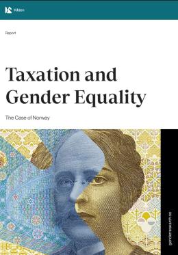 Forside report Taxation and Gender Equality: The Case of Norway illustrasjonen viser pengeseddel med kvinnehode og mannshode som går over i hverandre
