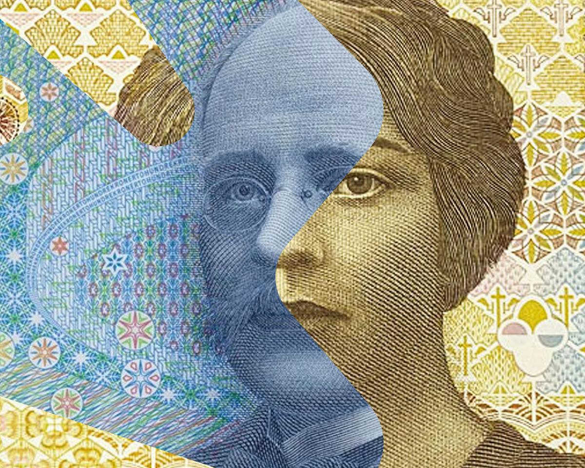 Illustrasjon av ansiktet på to tidligere norske pengesedler av Kristian Birkeland og Sigrid Undset som er delt så halve ansiktene fra hver vises