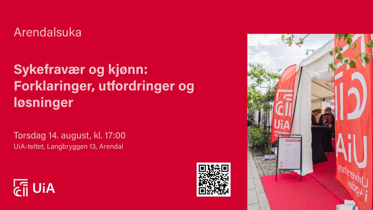 Lys tekst på rød bakgrunn med tittel, dato og UiA sin logo.