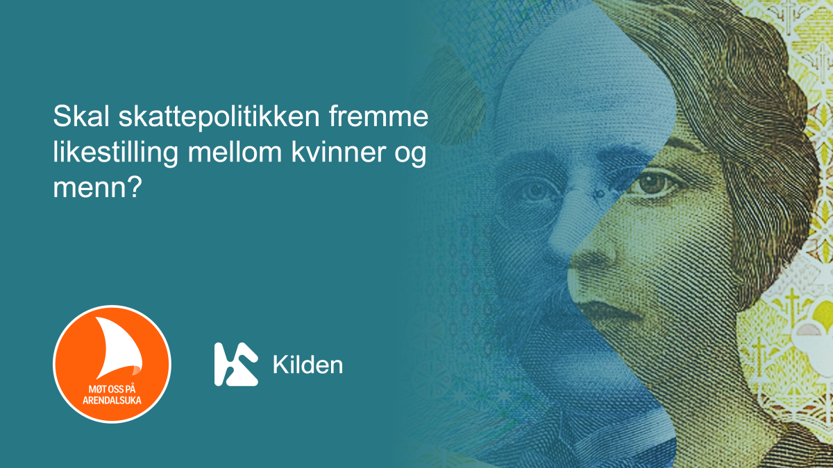 Hvit tekst på mørkegrønn bakgrunn: Skal skattepolitikken fremme likestilling mellom kvinner og menn? I bakgrunnen ses en illustrasjon av en pengeseddel med et halvt mannsansikt og et halv kvinneansikt.