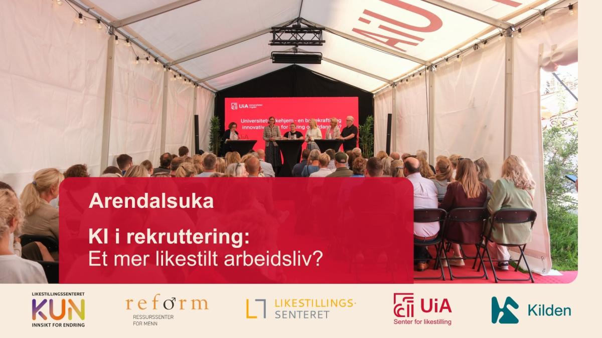 Bilde fra et seminar i UiA-teltet. Hvit tekst på rød bakgrunn: "KI i rekruttering: Et mer likestilt arbeidsliv?"