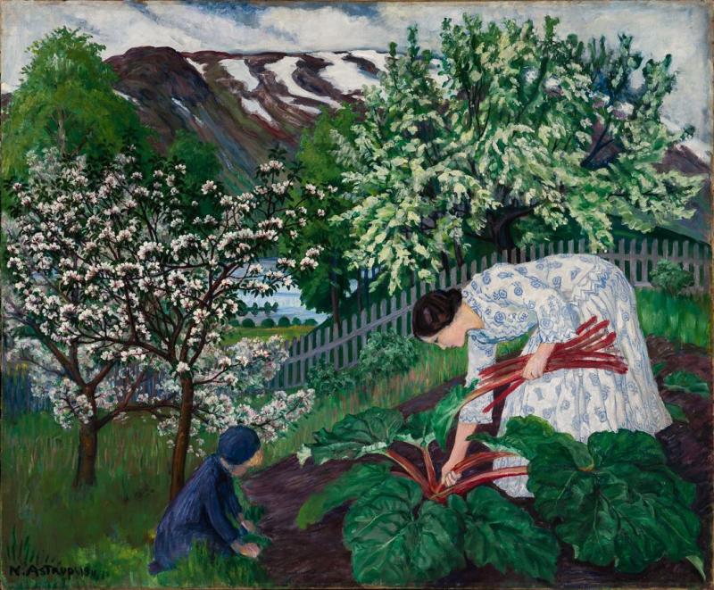 Rabarbra, maleri av Nikolai Astrup fra 1911 av kona Engle som plukker rabarbra i hagen
