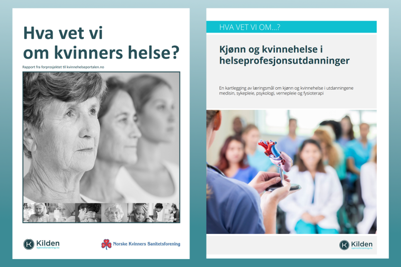 Forsiden av rapportene "Hva vet vi om kvinner helse?" og "Kjønn og kvinnehelse i helseprofesjonsutdanninger"
