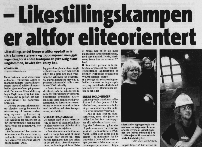 Nyhetsartikkel hvor Vagle kritiserer likestillingspolitikken