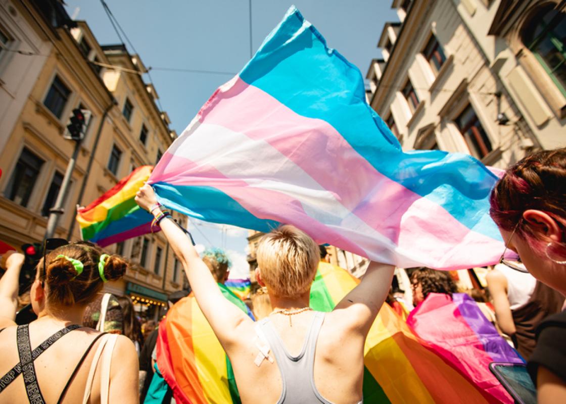 Fra Pride-parade en sommerdag, og det flagges med Prideflagg og Transgender-flagg