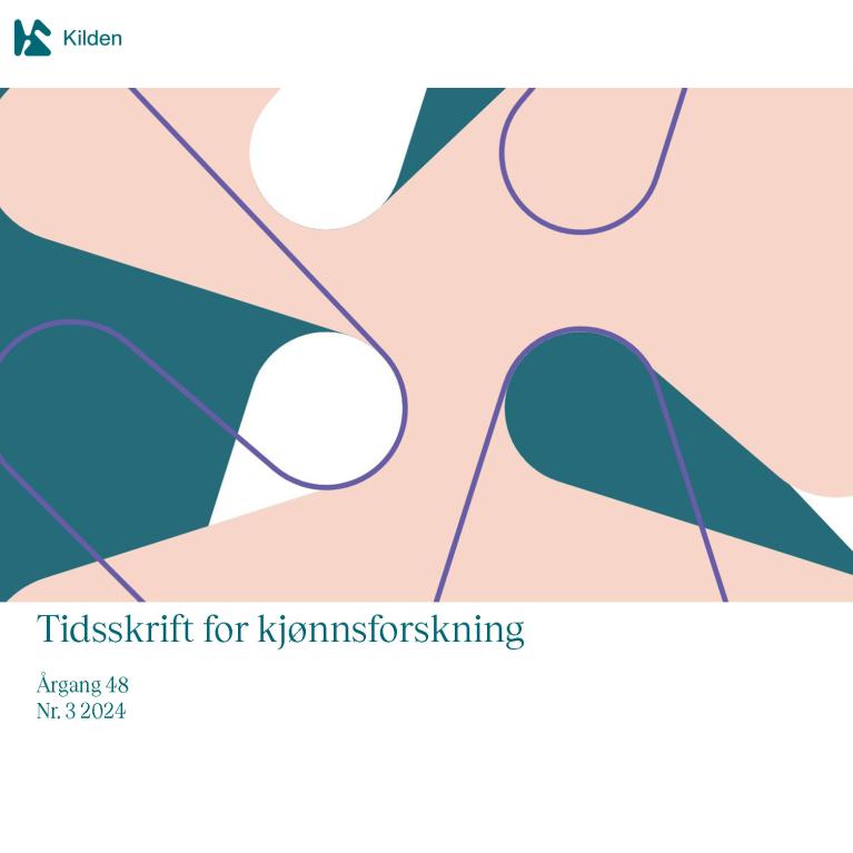 Illustrasjon med grafisk design i rosa og grønn logo utsnitt av Kildens logo K som forside Tidsskrift for kjønnsforskning 3-24