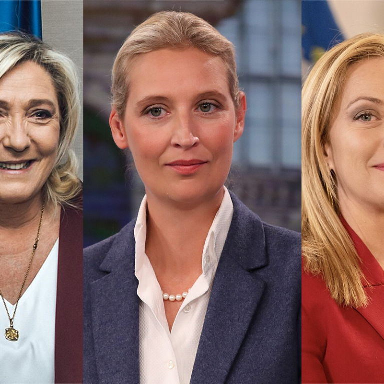 Le Pen, Weidel og Meloni Fotomontasje av Le Pen, Weidel og Meloni