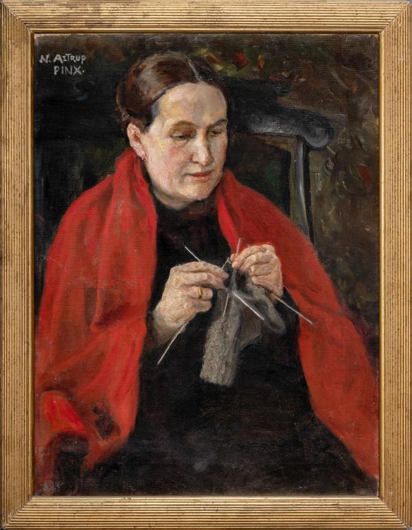 Maleri av Petra Astrup som strikker malt av sønnen Nikolai Astrup cirka 1908 Maleri av Petra Astrup som strikker malt av sønnen Nikolai Astrup cirka 1908